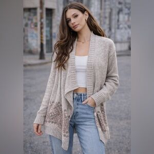 Hollister Open Front Cozy Knit Cardigan Sweater Neutral/Peach Geo Print Size S